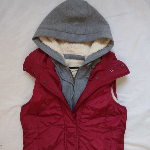 CI SONO Red Gray Puffer Zip Vest Attached HOOD Sherpa Lined Junior’s Women Large - Picture 2 of 14